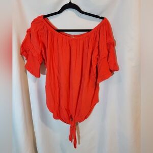 Umgee Linen-blend Red Off-Shoulder Tie-Front Blouse With Tiered Ruffle Sleeves